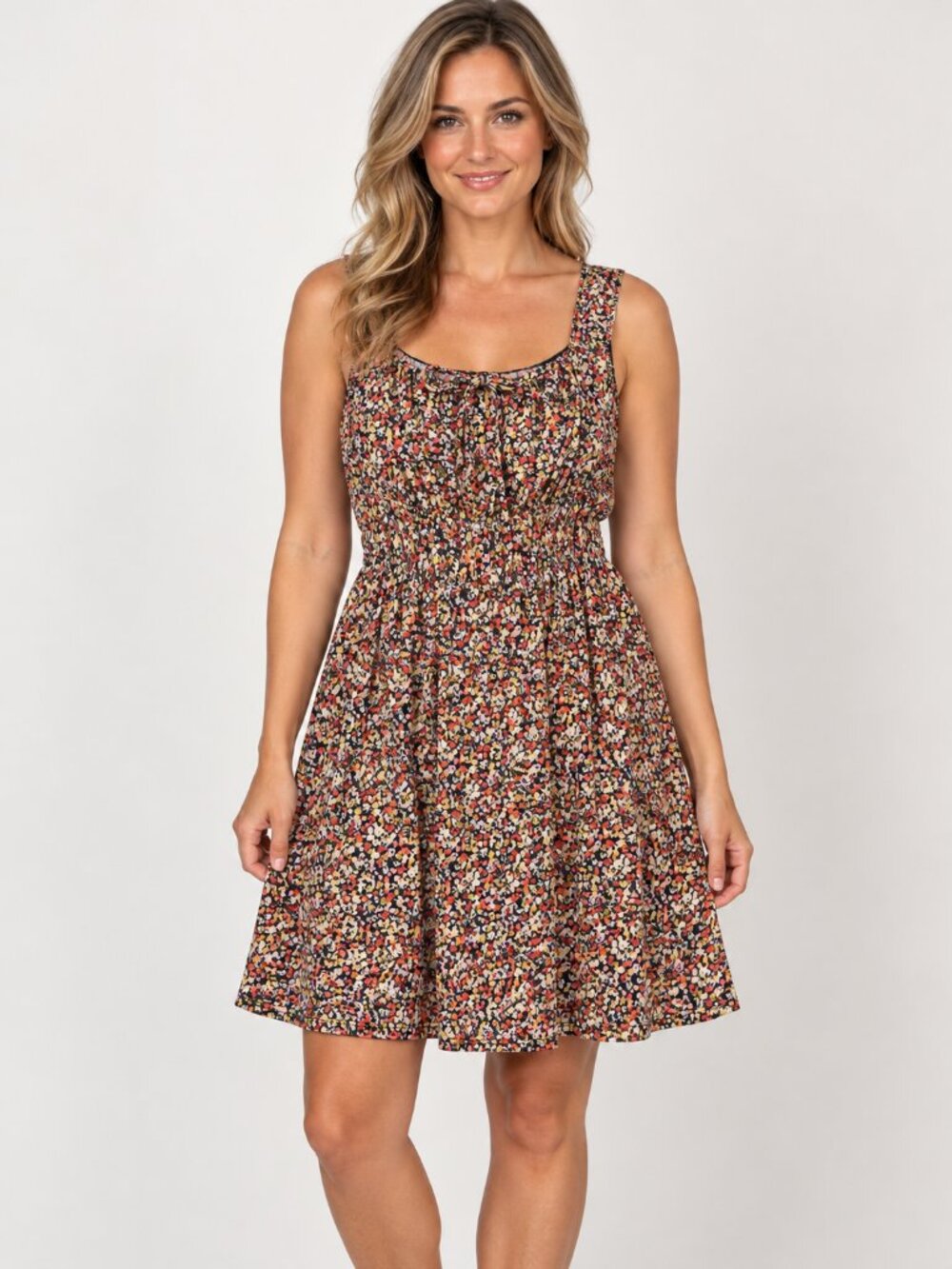 Blue Rain Floral Mini Dress Sleeveless Smocked Waist Multicolor M